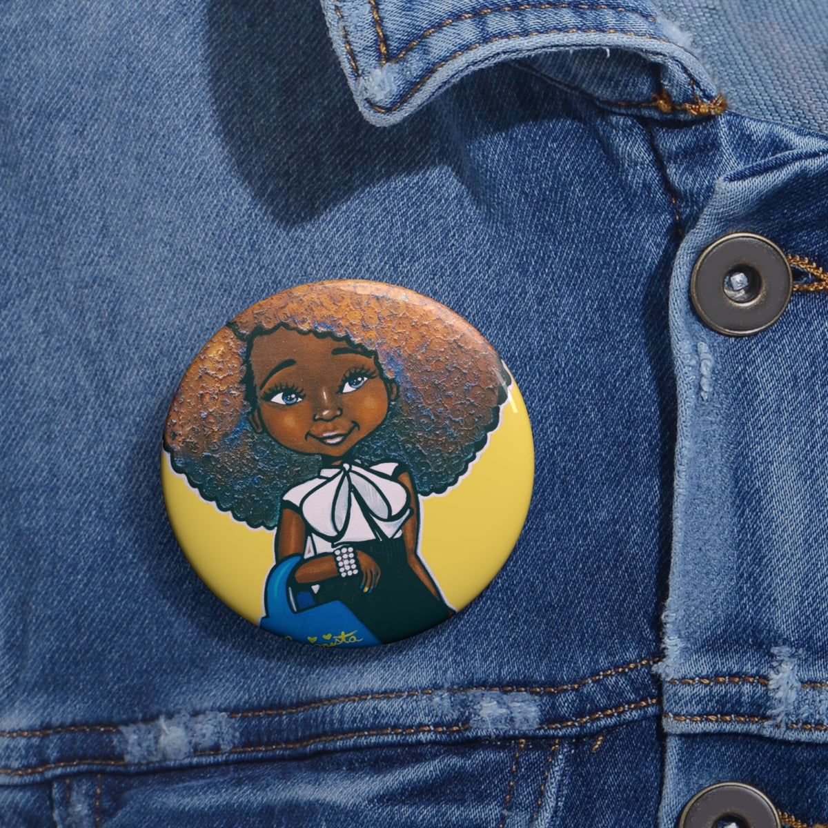 Fashionista Blue and Gold Pin Button