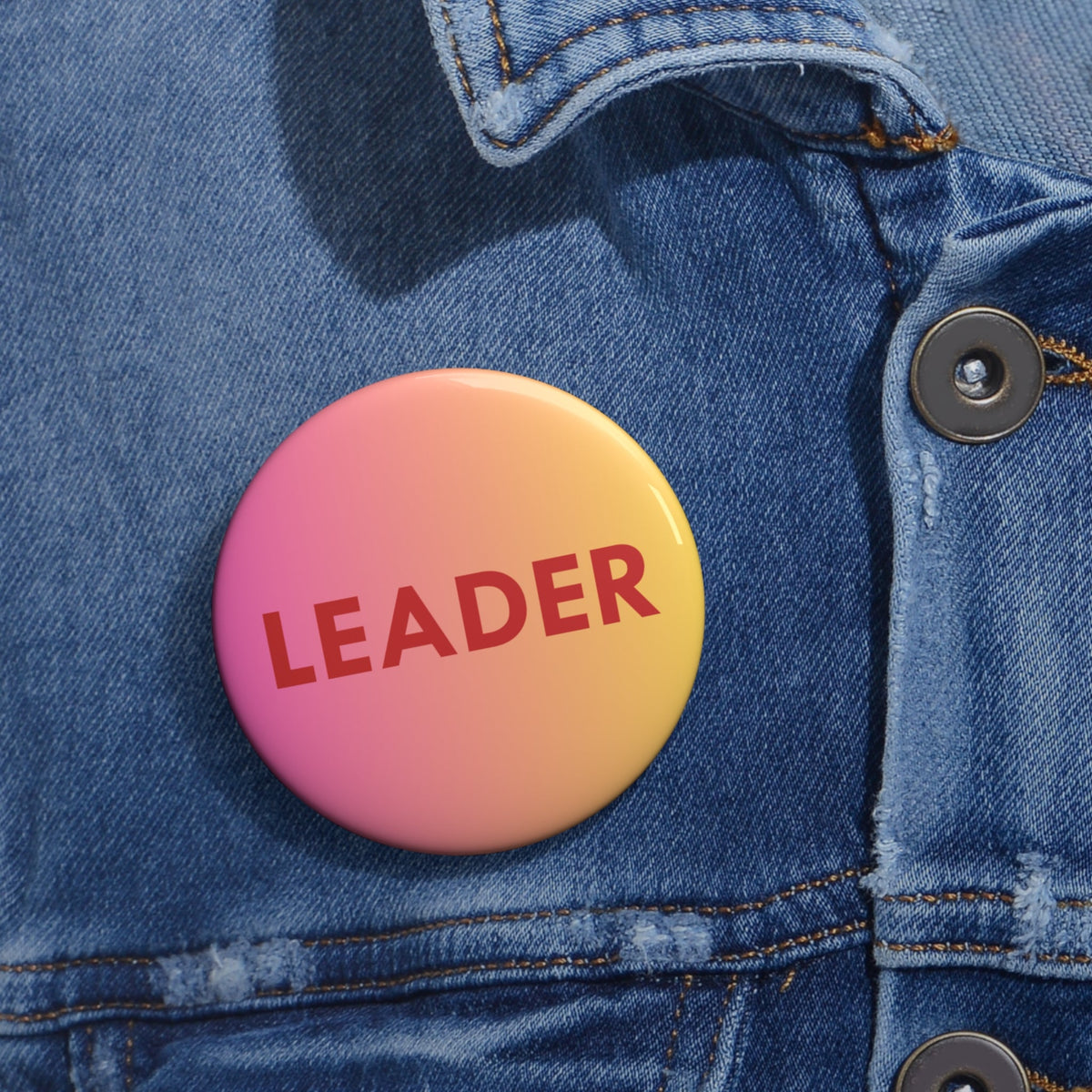 LEADER Word Pin Button, Pink and Yellow