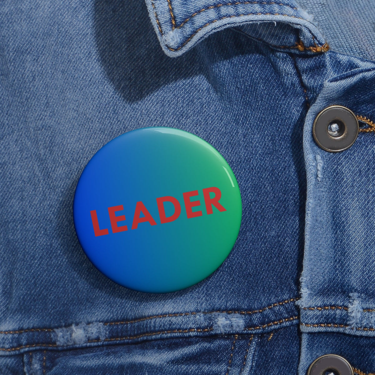 LEADER Word Pin Button, Blue and Green