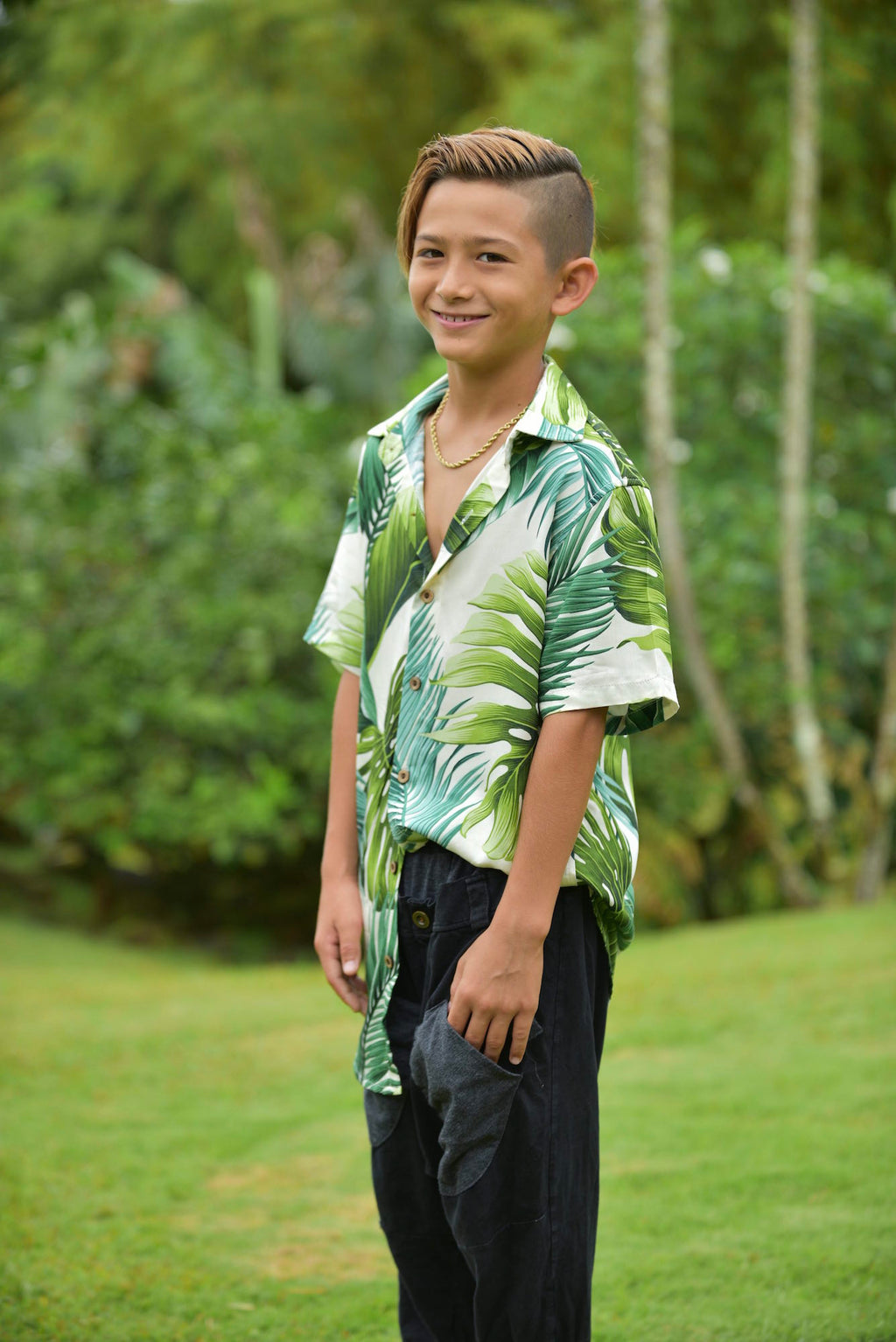 Coradorables BOYS Monstera 21 Ivory S/S "Kalani" Aloha Shirt