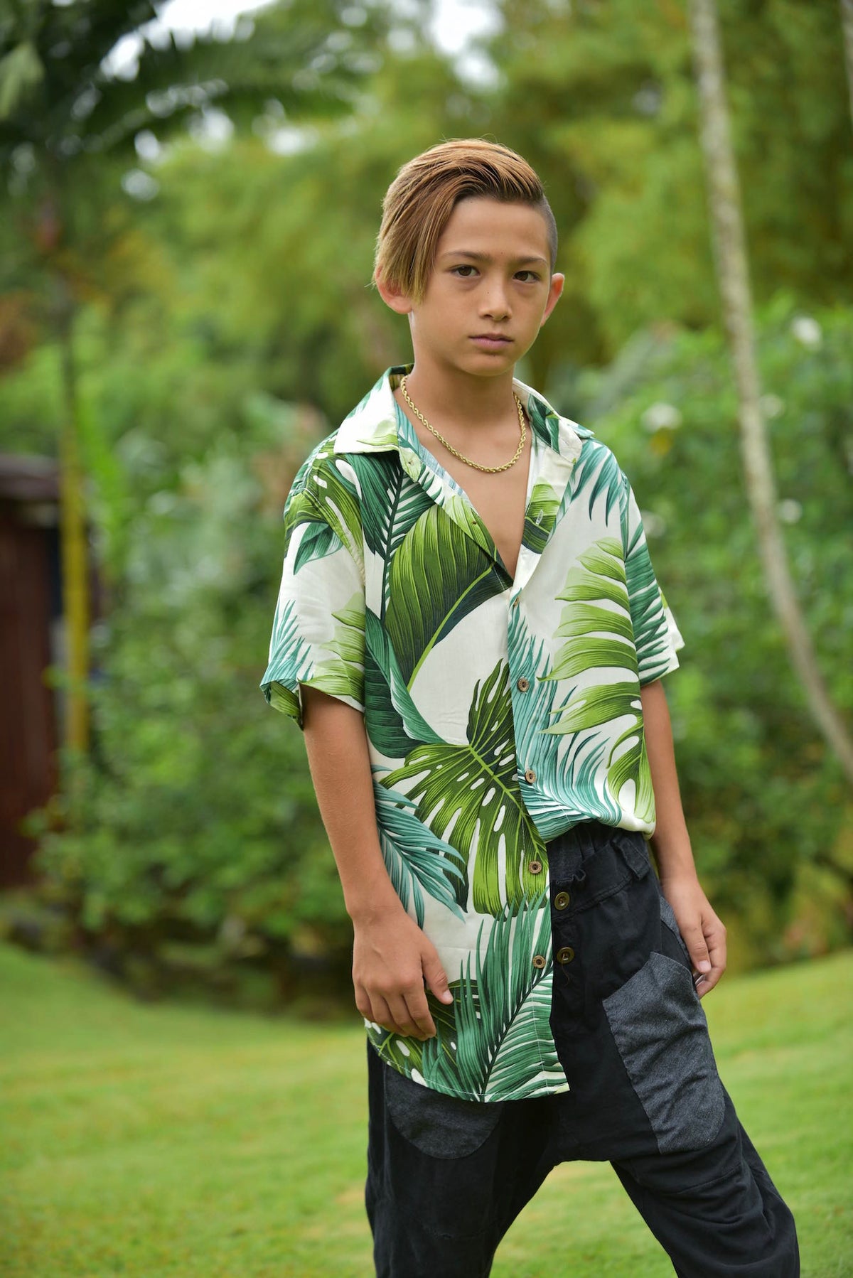 Coradorables BOYS Monstera 21 Ivory S/S "Kalani" Aloha Shirt