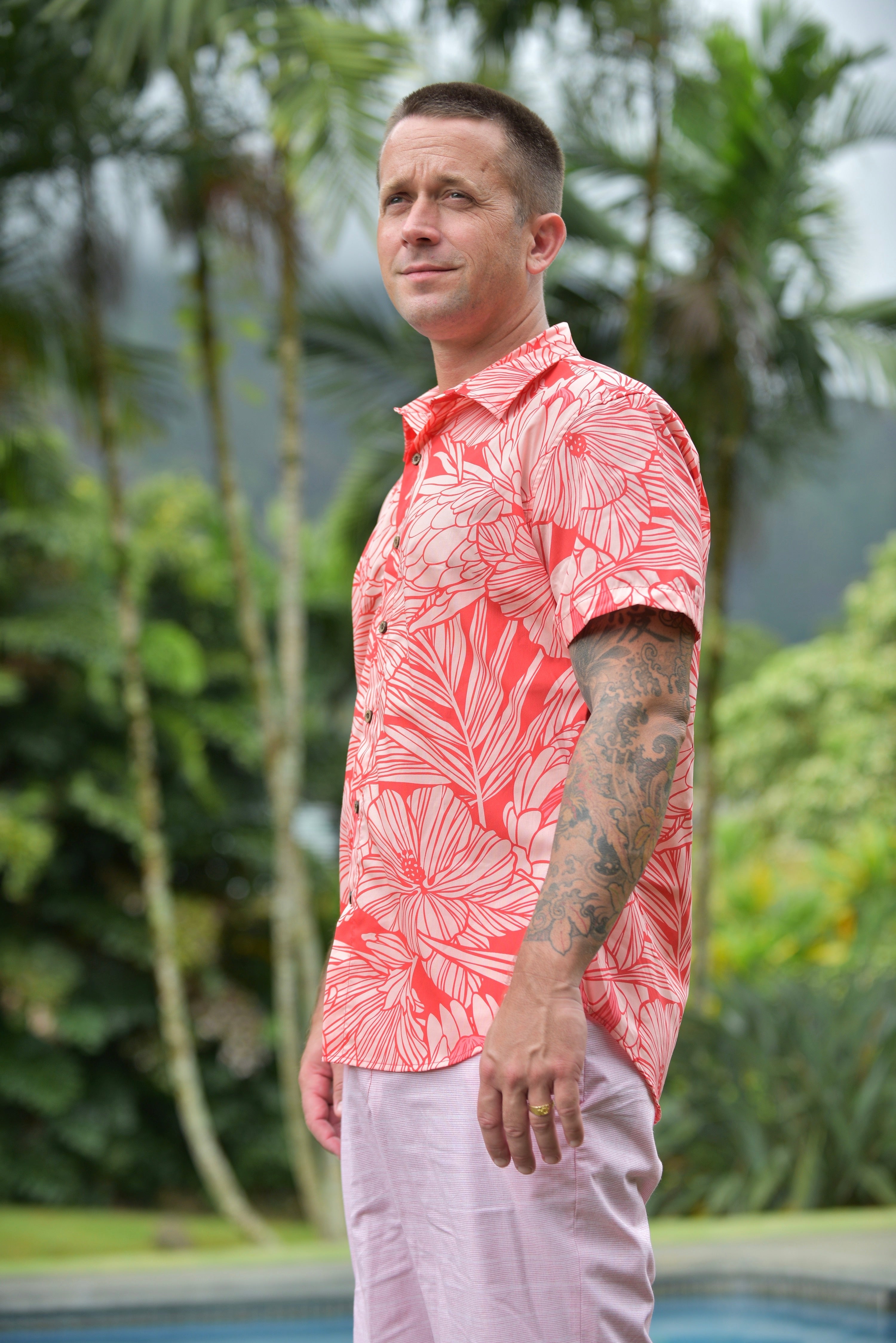 Cora Spearman Hawaii MENS Protea Watermelon S/S "Kalani" Aloha Shirt