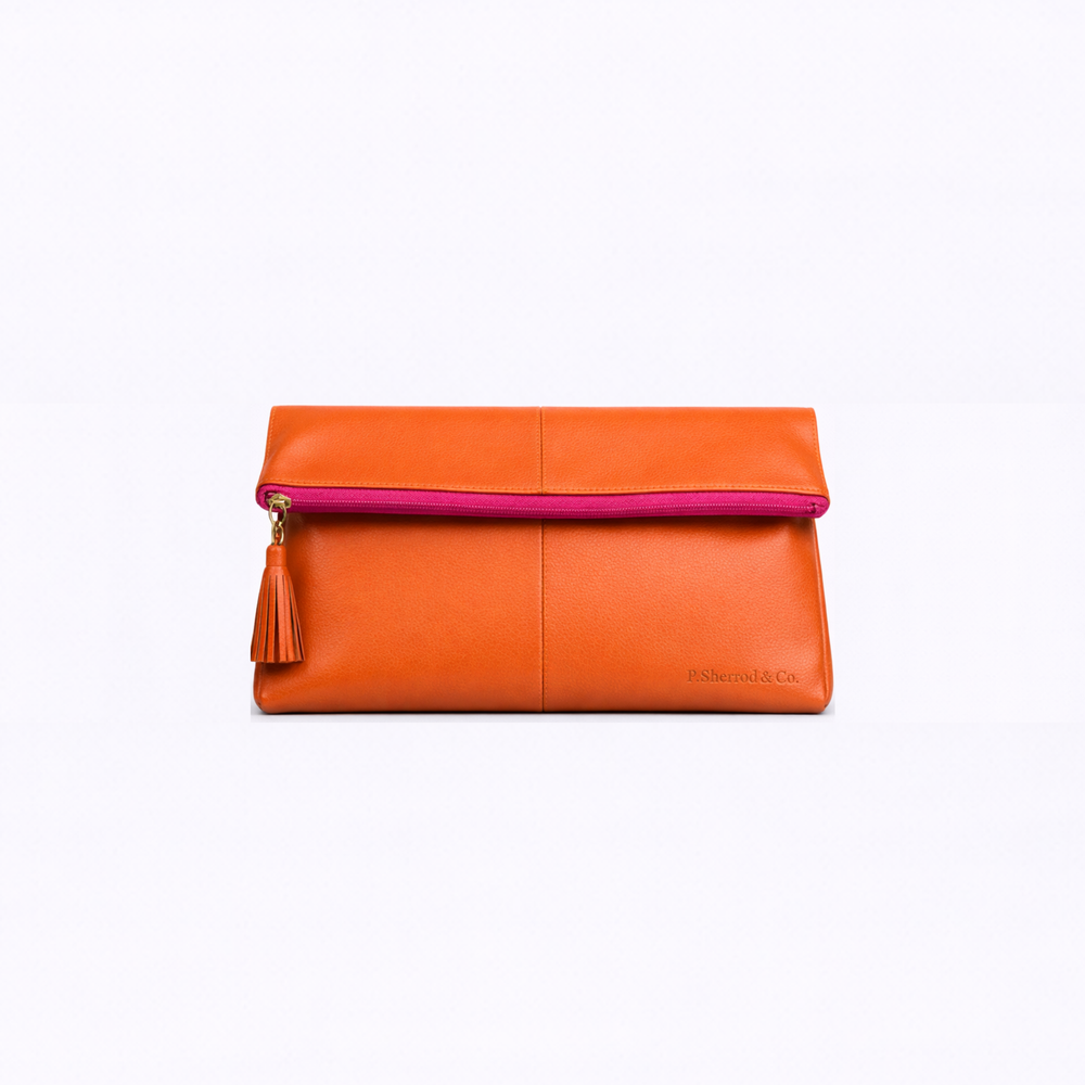 Dani Foldover Clutch - Orange / Pink Zipper