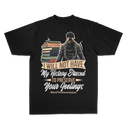 A black short-sleeve graphic t-shirt displayed flat against a white background. The graphic features an illustration of a person in a black hoodie and chain, standing next to a stack of books, with the text 'I WILL NOT HAVE My History Erased TO PRESERVE Your Feelings #EndTheStereotypes'.