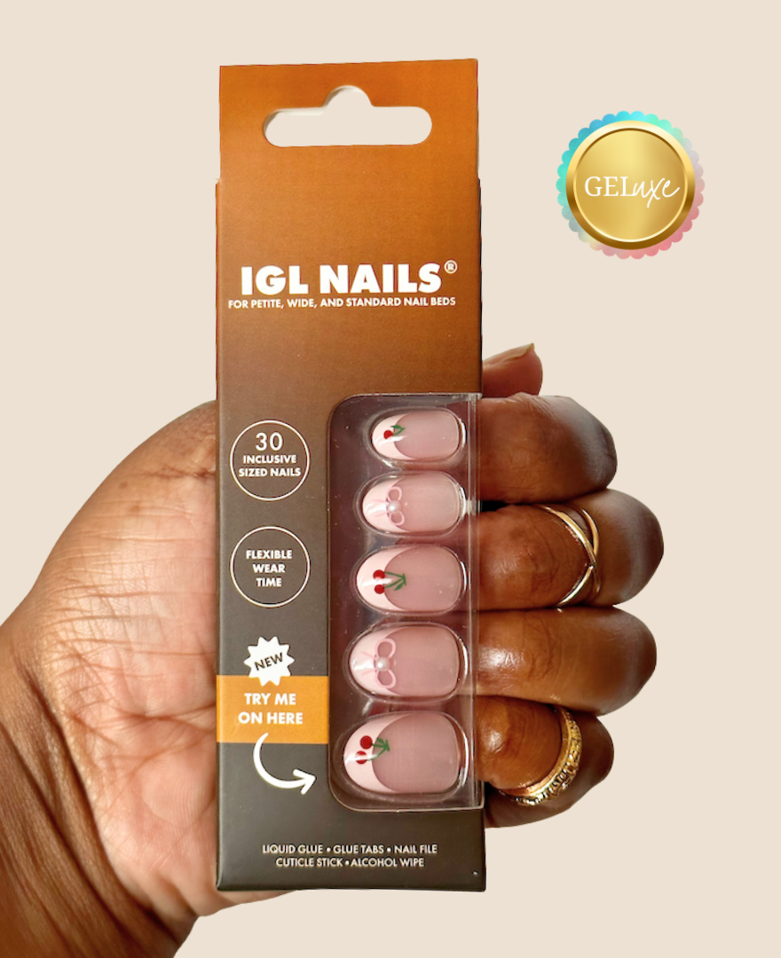 Cherry Geluxe™ Nails – Pink French Tip with 3D Pearl, Cherry & Bow Accents