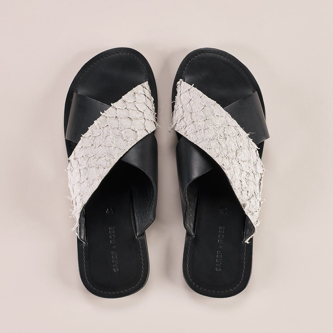 Pike Leather Sandal: Black + White
