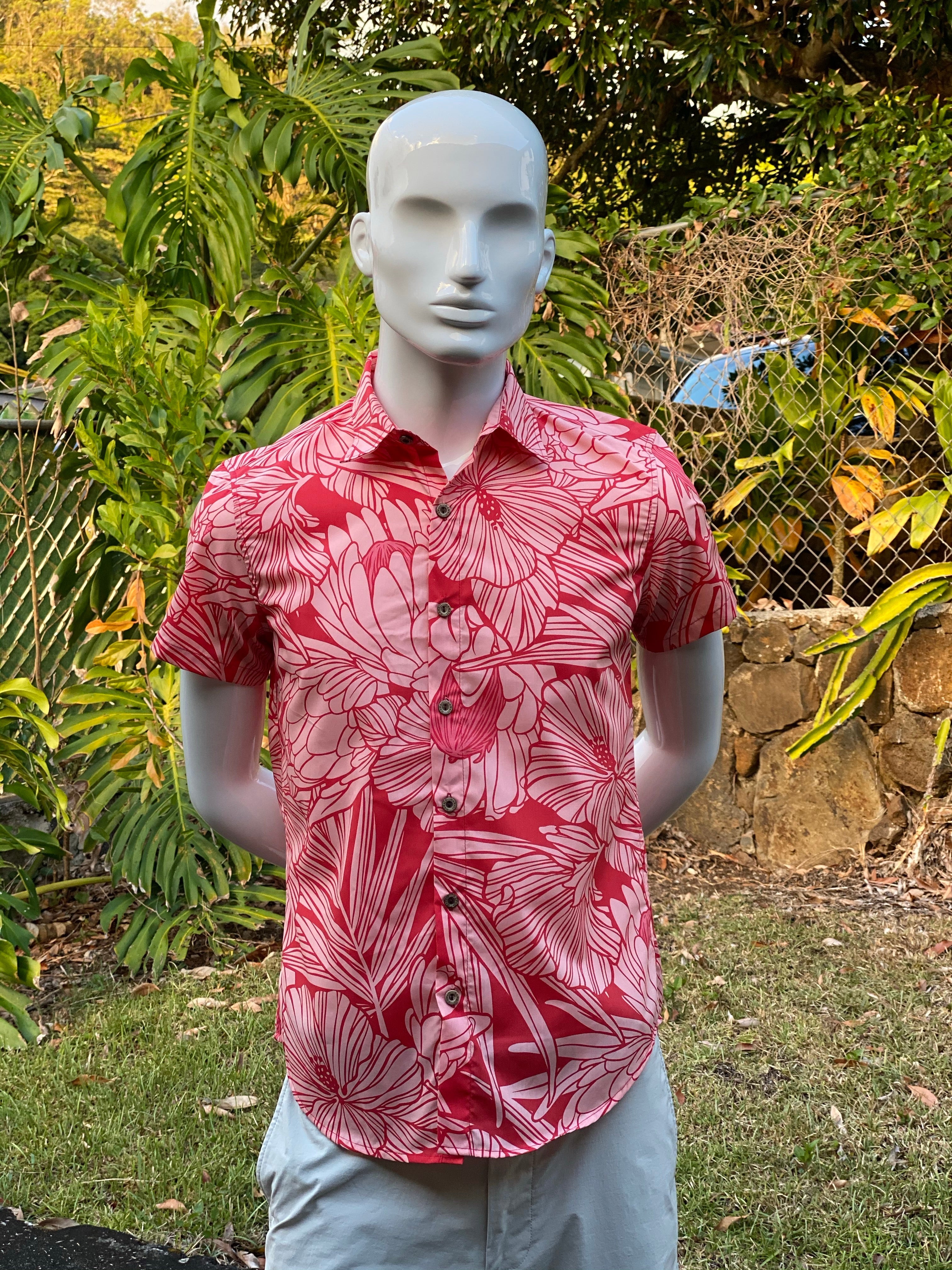 Cora Spearman Hawaii MENS Protea Watermelon S/S "Kalani" Aloha Shirt
