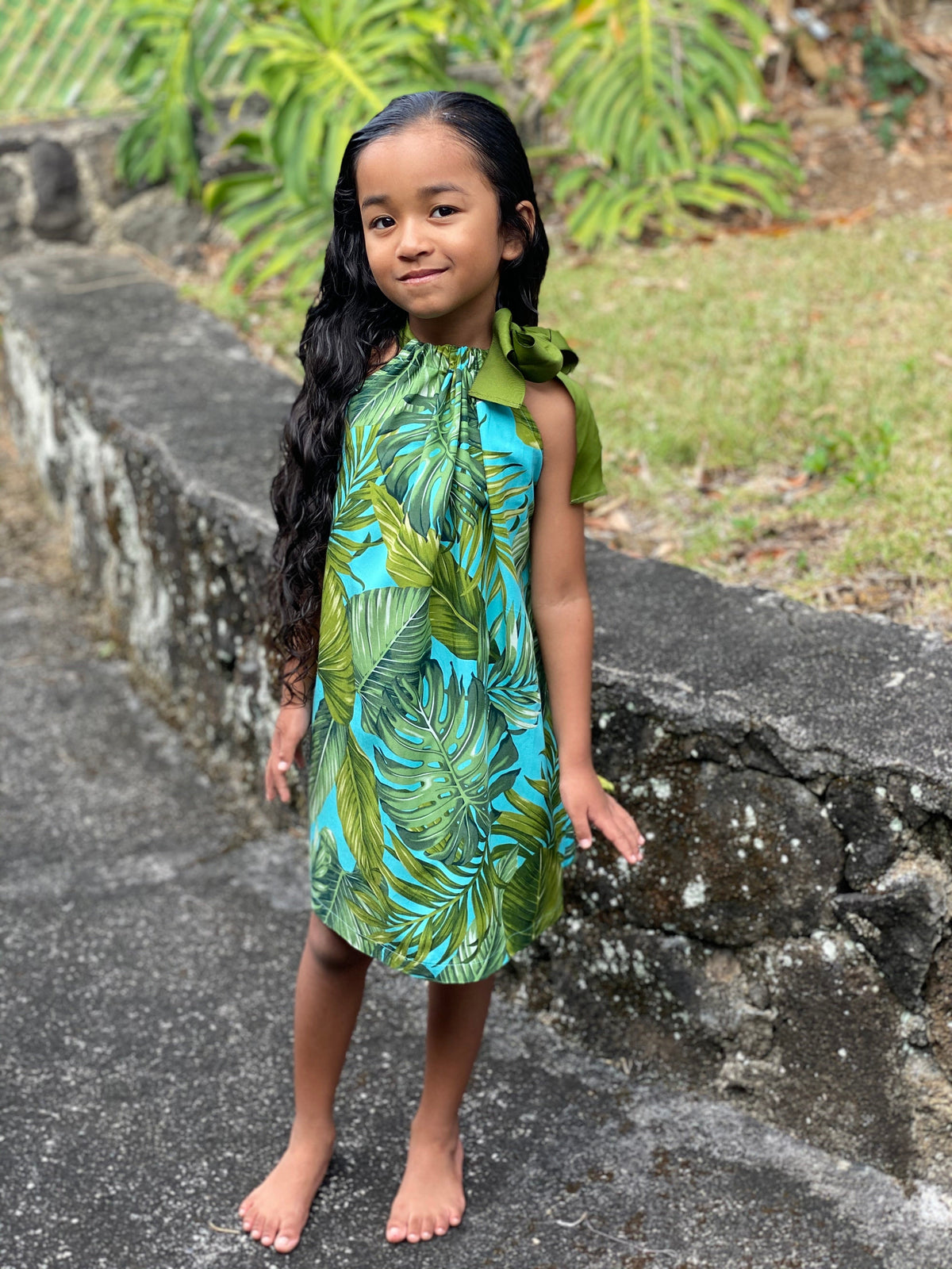 Coradorables GIRLS Monstera 21 Turquoise Signature Ribbon Dress