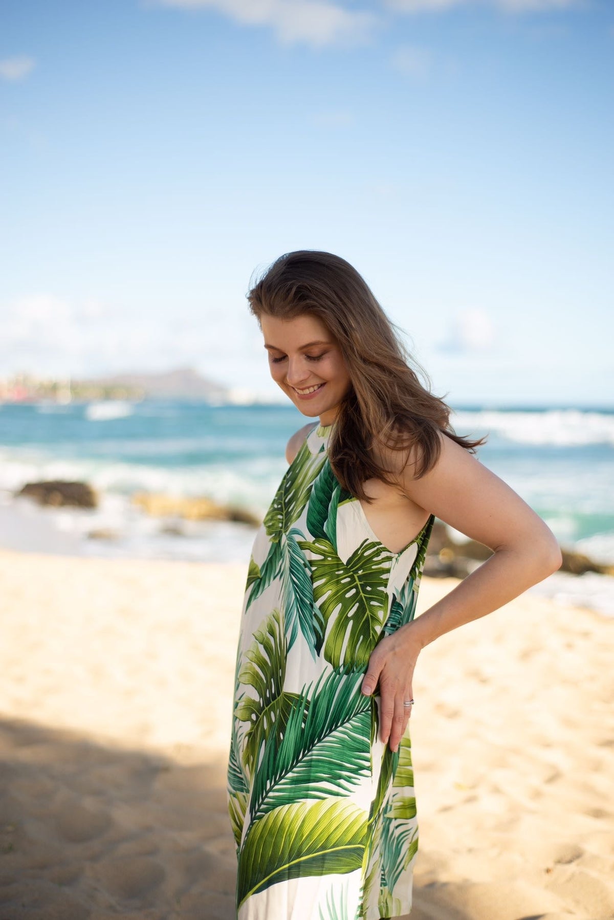 Cora Spearman Hawaii WOMENS Monstera 21 Ivory Halter Neck Sheath Dress