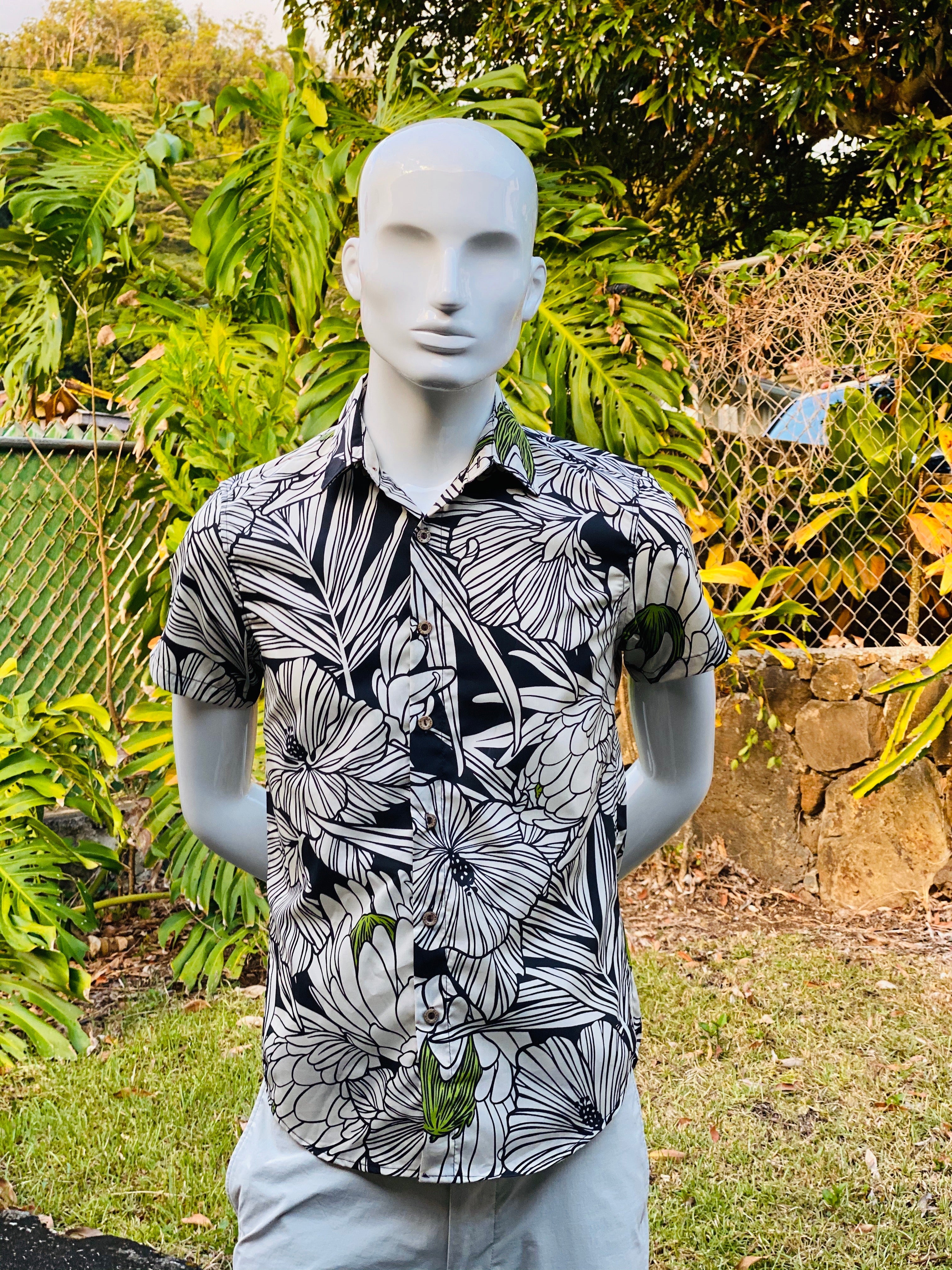 Cora Spearman Hawaii MENS Protea Black S/S "Kalani" Aloha Shirt