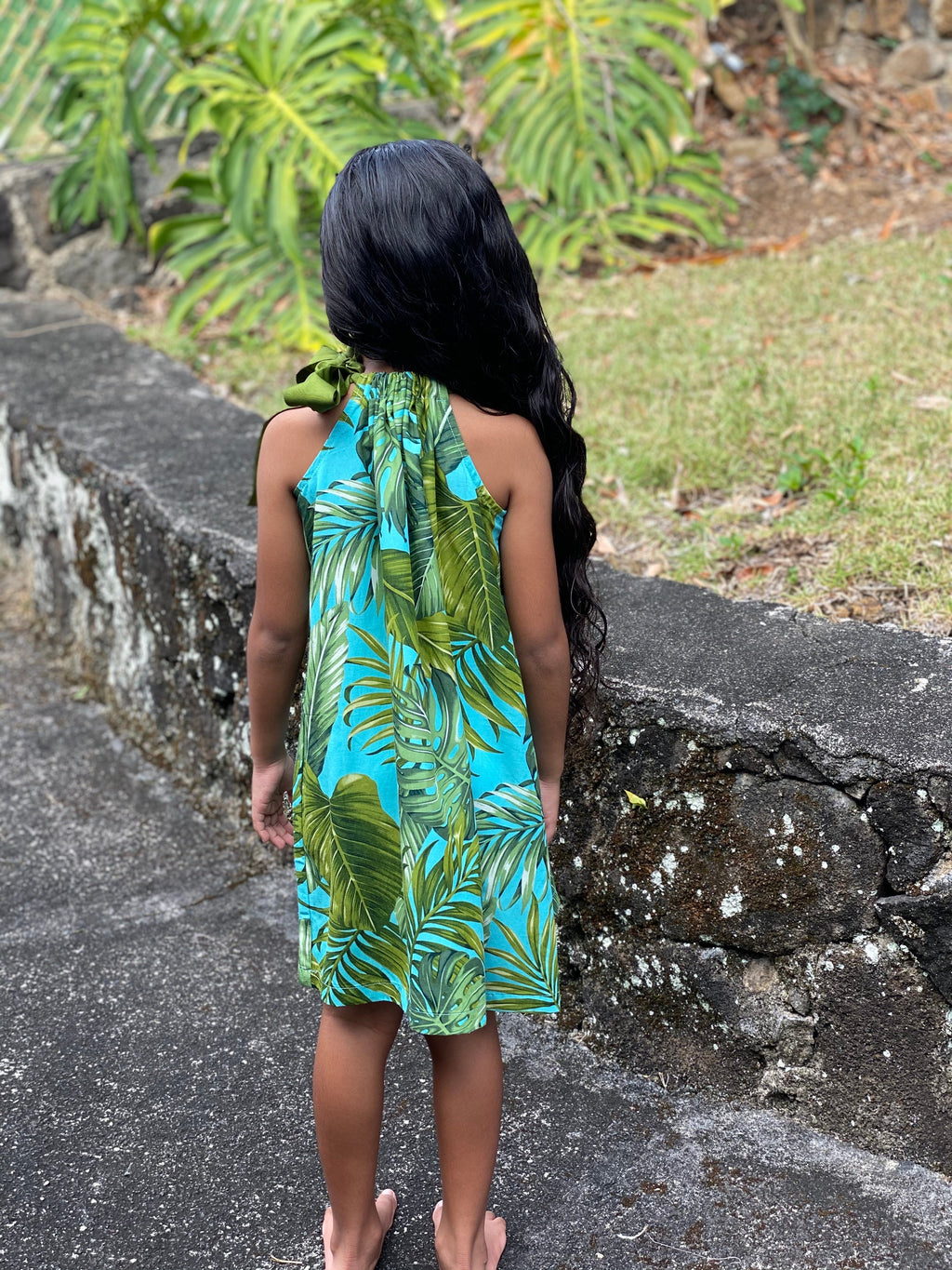 Coradorables GIRLS Monstera 21 Turquoise Signature Ribbon Dress