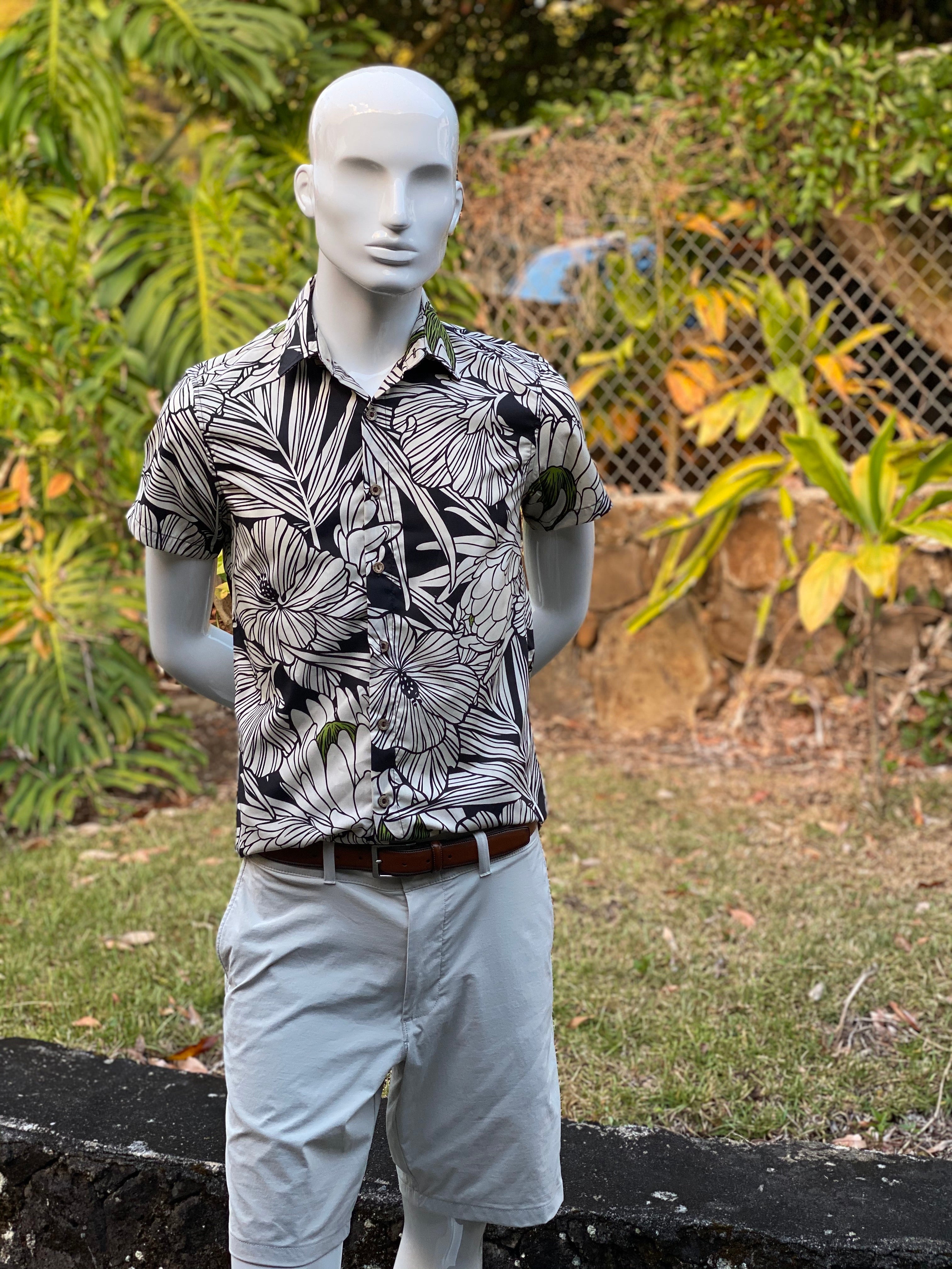 Cora Spearman Hawaii MENS Protea Black S/S "Kalani" Aloha Shirt
