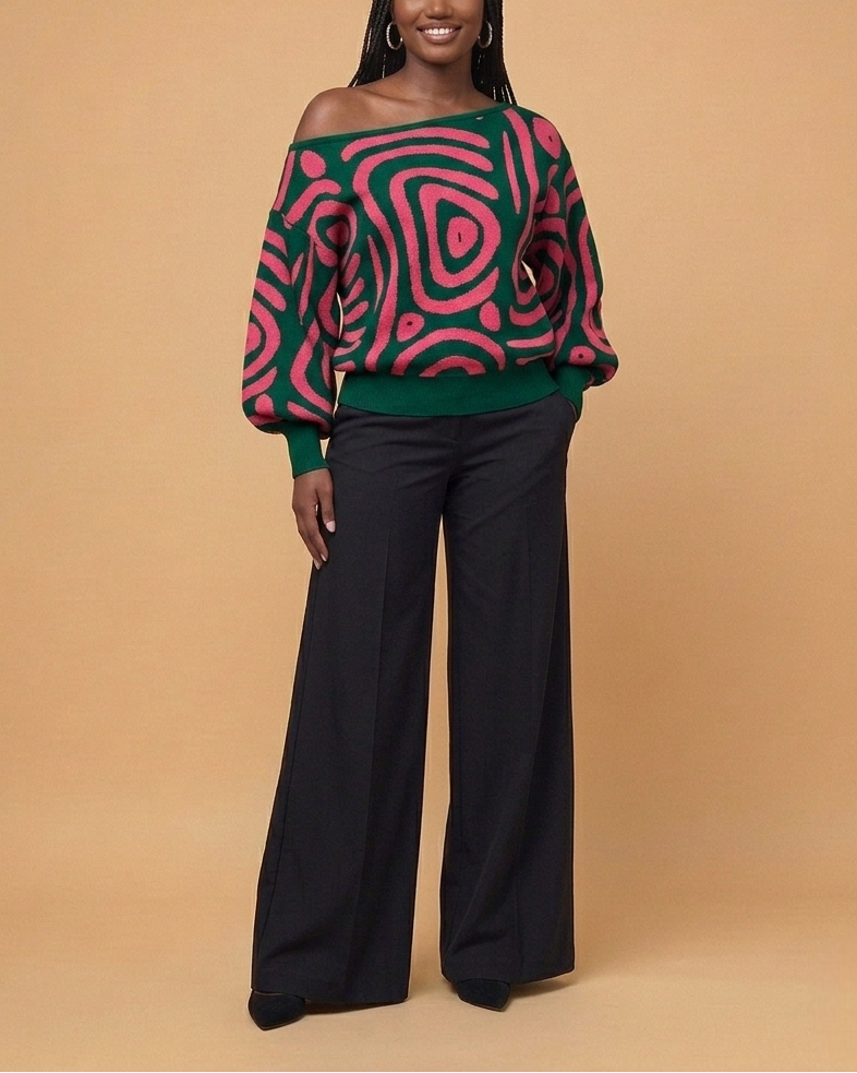 Swirl Print Off Shoulder Sweater