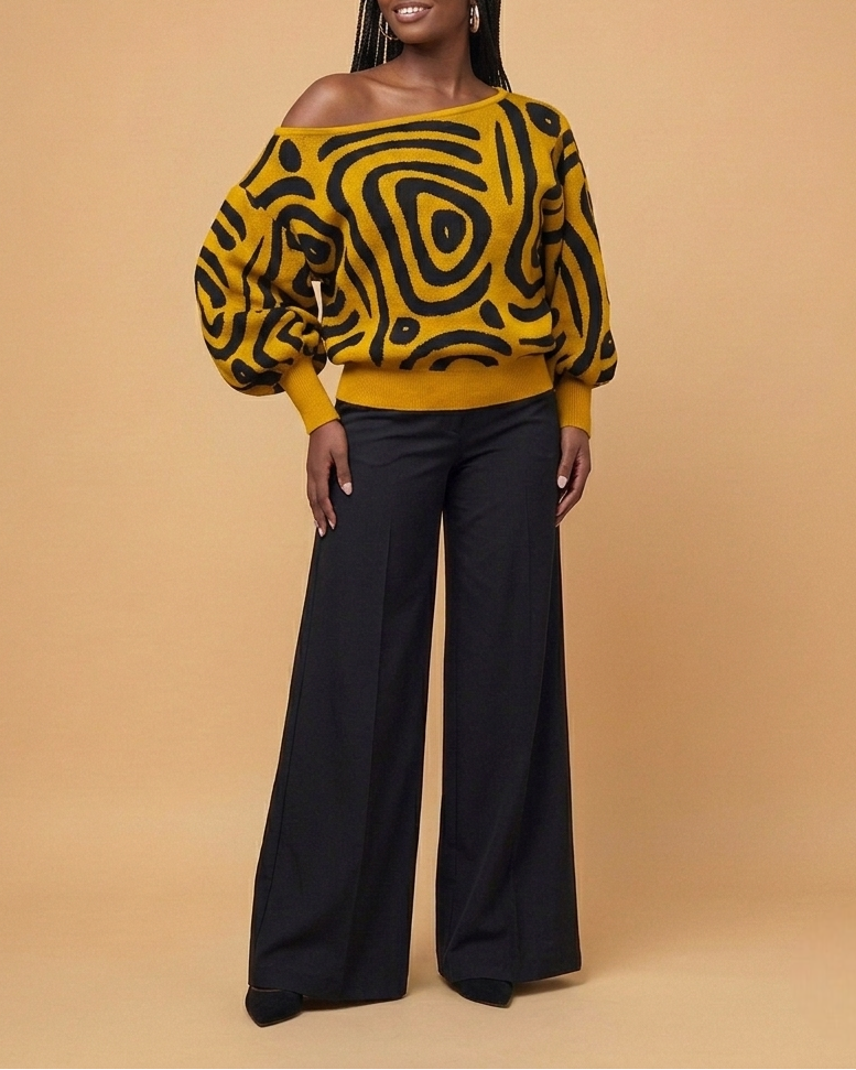 Swirl Print Off Shoulder Sweater