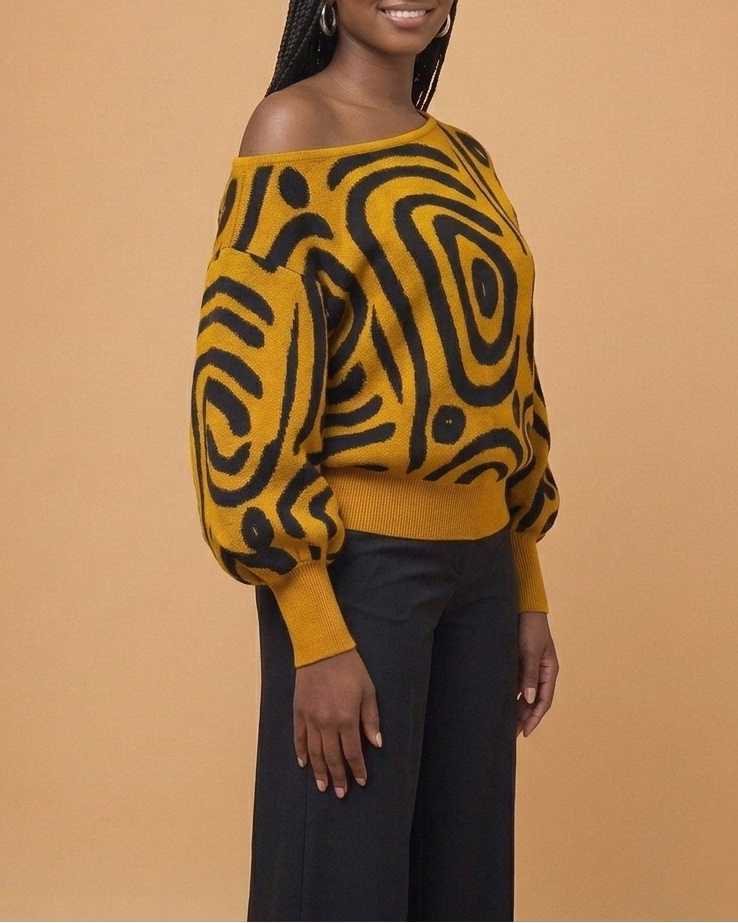 Swirl Print Off Shoulder Sweater
