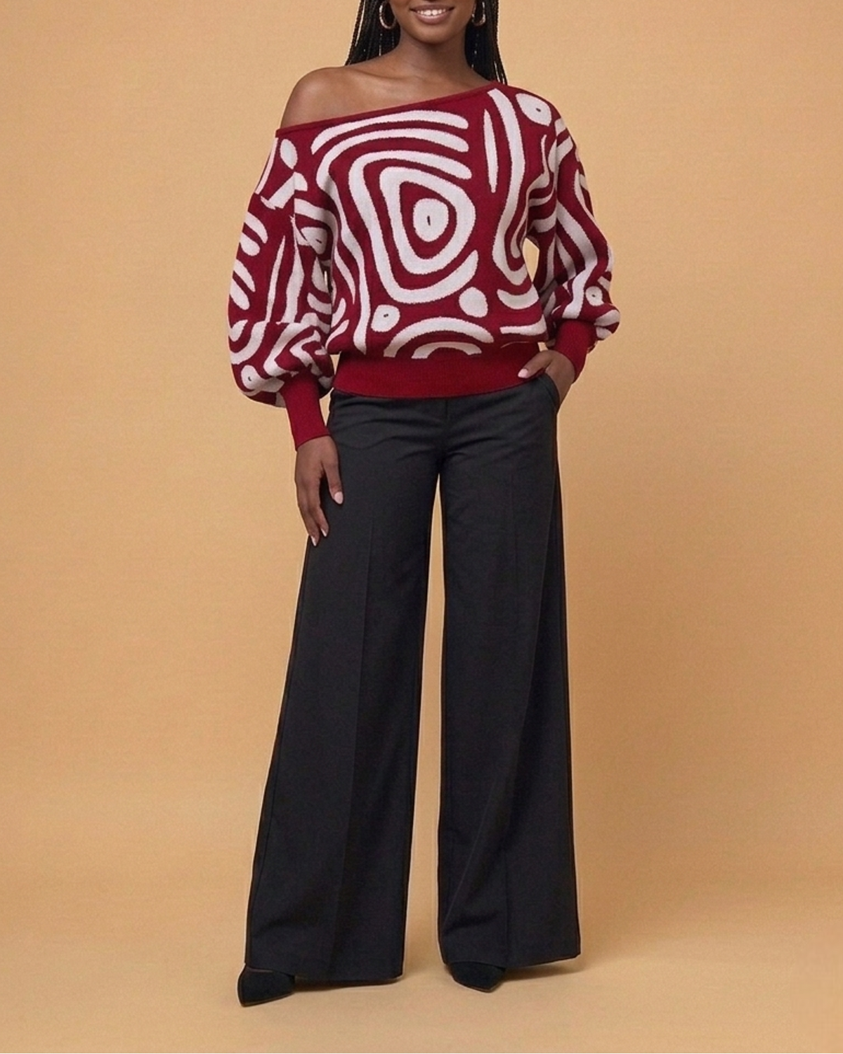Swirl Print Off Shoulder Sweater