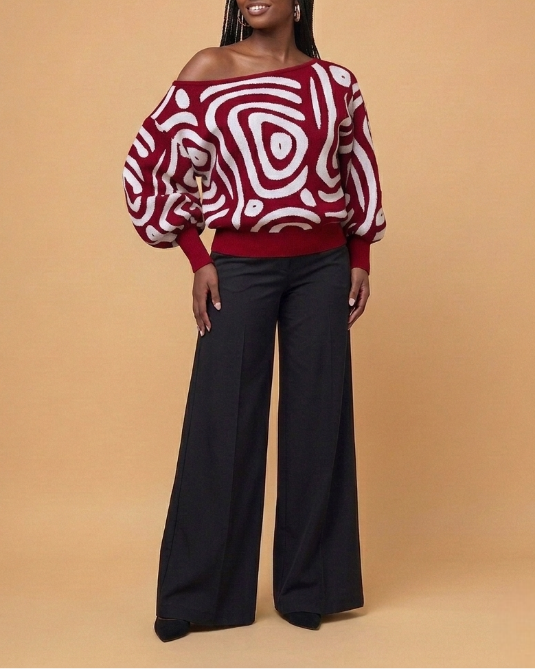 Swirl Print Off Shoulder Sweater