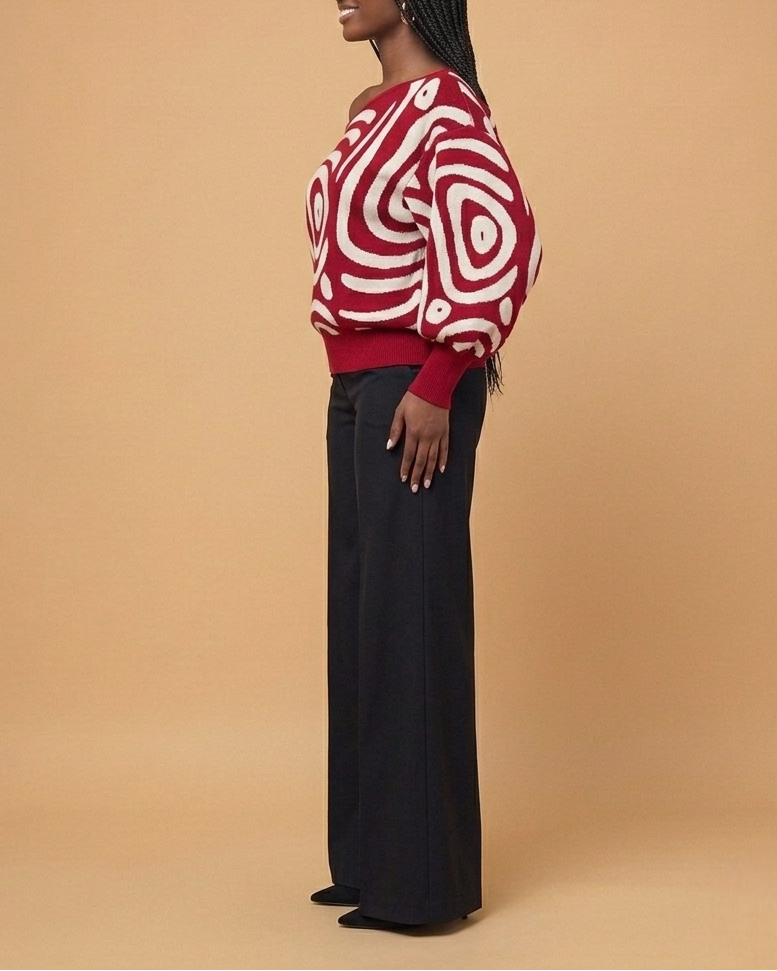 Swirl Print Off Shoulder Sweater