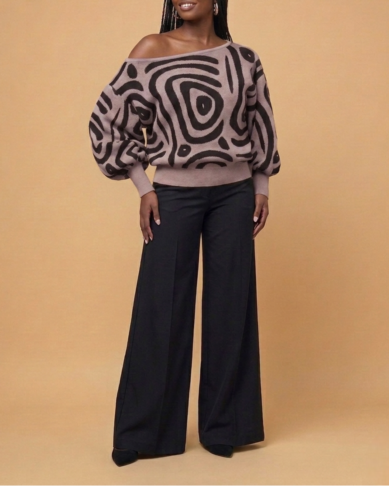 Swirl Print Off Shoulder Sweater