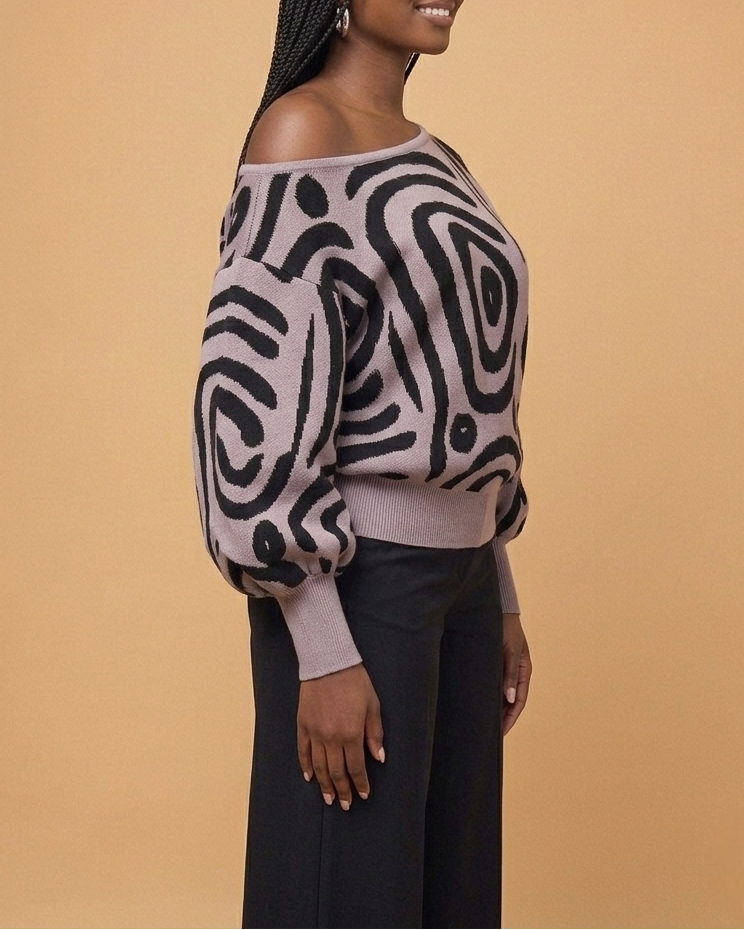 Swirl Print Off Shoulder Sweater