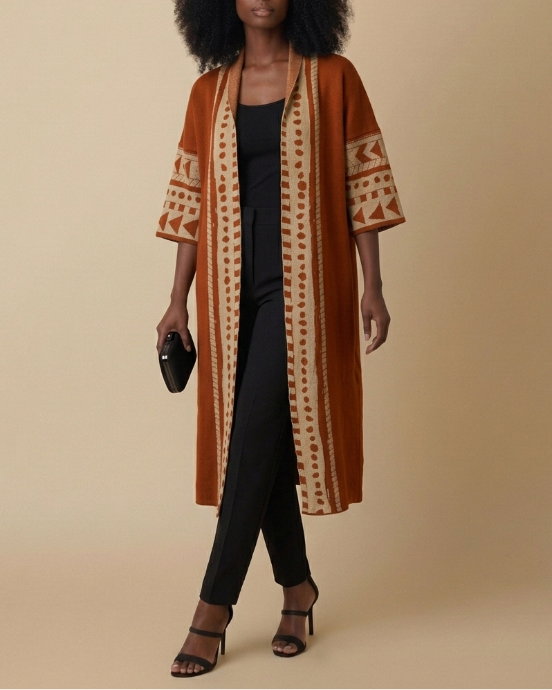 Printed Midi Length Open Cardigan